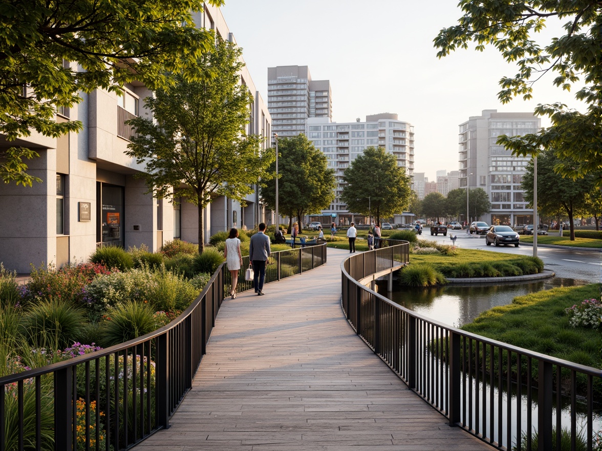 Prompt: Curved pedestrian bridge, sleek metal railings, wooden decking, lush greenery, vibrant flowers, natural stone pillars, modern architecture, urban landscape, bustling city streets, busy intersections, morning commute, soft warm lighting, shallow depth of field, 3/4 composition, panoramic view, realistic textures, ambient occlusion.