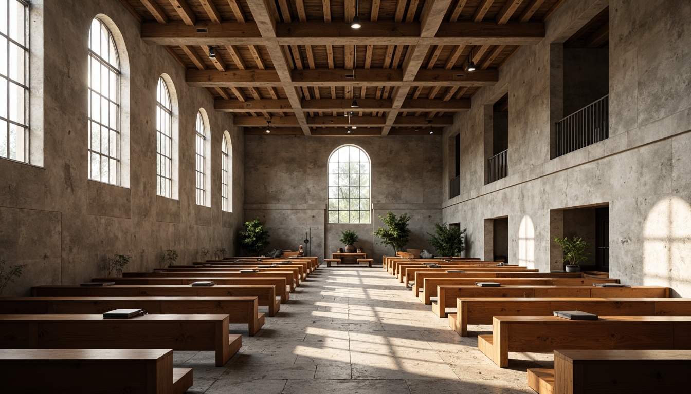 Prompt: Rustic church interior, brutalist architecture, raw concrete walls, exposed ductwork, industrial-style lighting, minimalist decor, functional spaces, communal seating areas, wooden pews, stone flooring, stained glass windows, natural light pouring in, dramatic ceiling heights, open floor plans, modern amenities, sleek metal accents, geometric patterns, earthy color palette, warm atmospheric lighting, shallow depth of field, 1/1 composition, realistic textures, ambient occlusion.