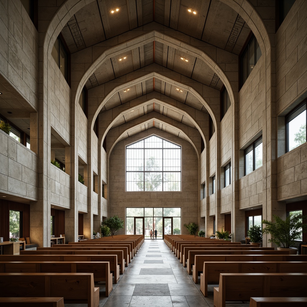 Prompt: Rustic church interior, brutalist architecture, raw concrete walls, exposed ductwork, industrial-style lighting, minimalist decor, functional spaces, communal seating areas, wooden pews, stone flooring, stained glass windows, natural light pouring in, dramatic ceiling heights, open floor plans, modern amenities, sleek metal accents, geometric patterns, earthy color palette, warm atmospheric lighting, shallow depth of field, 1/1 composition, realistic textures, ambient occlusion.