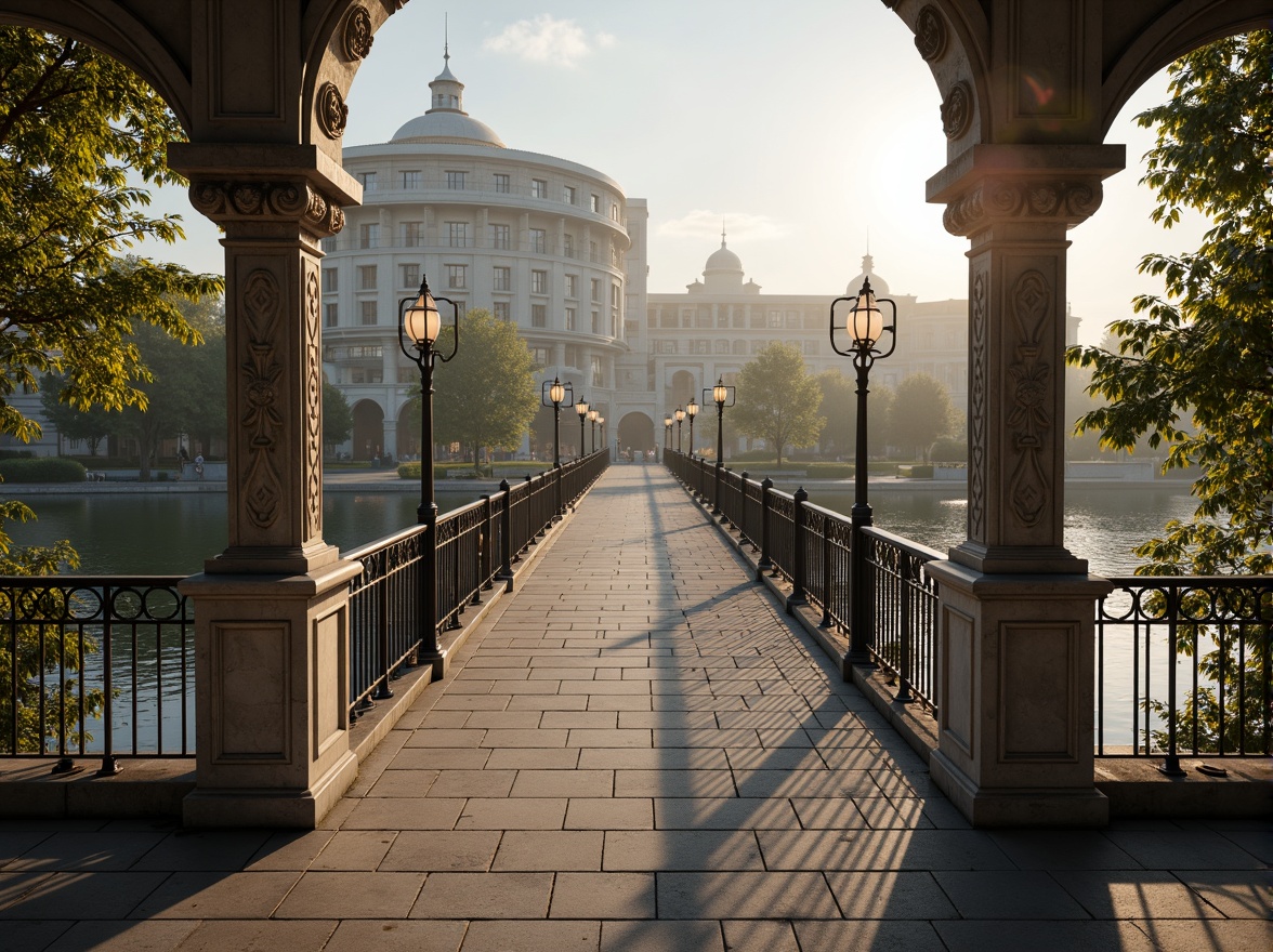 Prompt: Elegant pedestrian bridge, ornate iron railings, classicism-inspired arches, refined stone pillars, intricate carvings, ornamental lanterns, soft warm lighting, misty morning atmosphere, serene river views, lush greenery surroundings, natural stone walkways, decorative metalwork, subtle golden accents, symmetrical composition, shallow depth of field, 3/4 perspective, realistic textures, ambient occlusion.