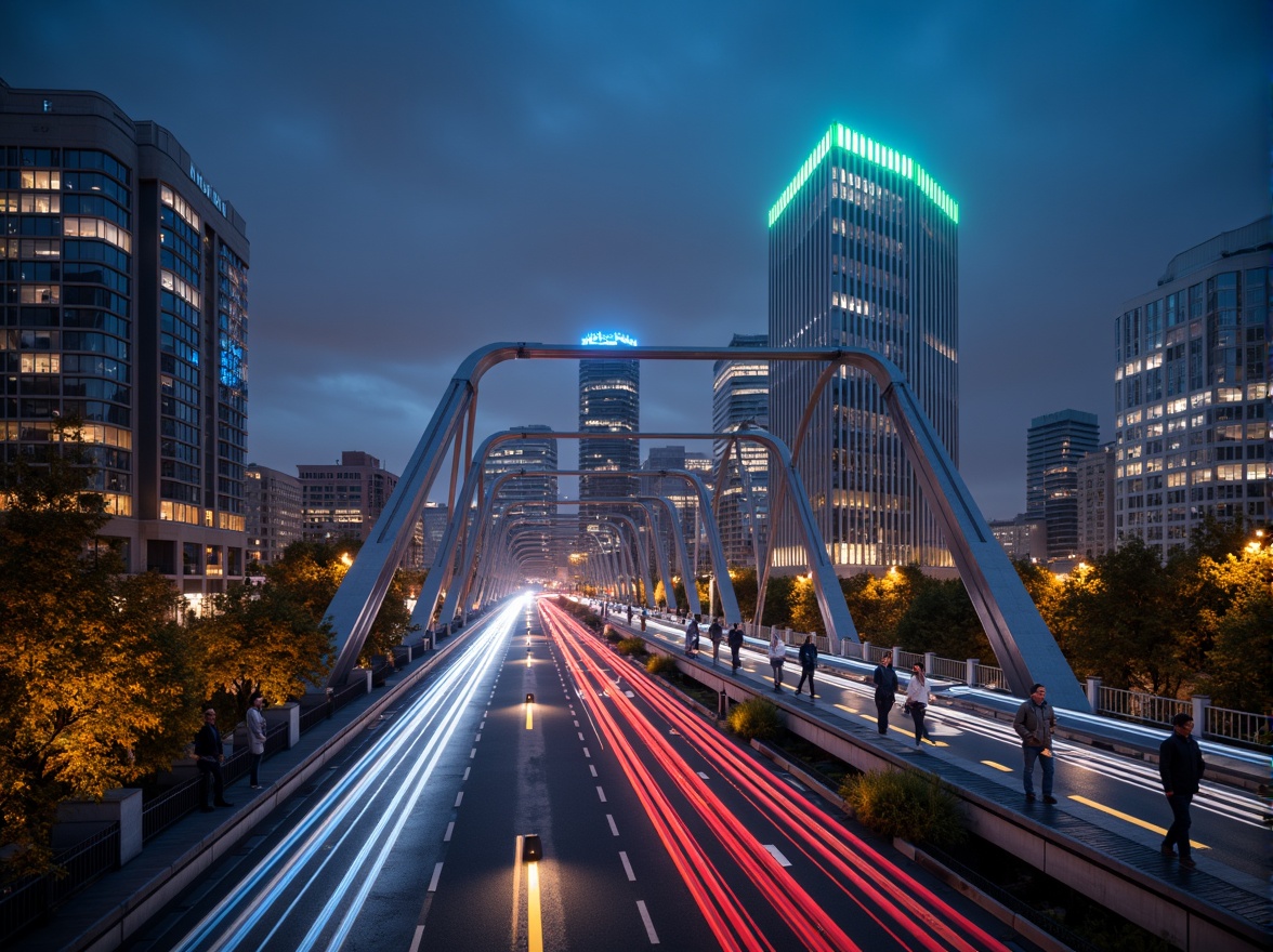 Prompt: Futuristic bridge design, sleek metal structures, LED lighting systems, neon accents, dynamic color changing effects, misty atmospheric fog, urban cityscape, modern skyscrapers, bustling traffic flow, vibrant nightlife ambiance, warm golden hour lighting, shallow depth of field, 1/1 composition, low-angle shot, realistic reflections, ambient occlusion.