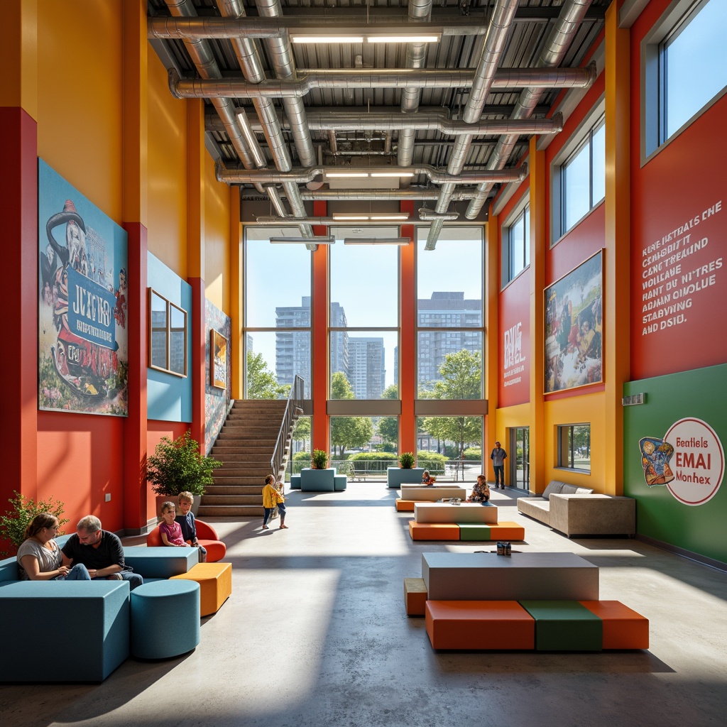 Prompt: Vibrant middle school building, bold color palette, modernist architecture, geometric shapes, clean lines, minimal ornamentation, functional design, open floor plans, natural light, clerestory windows, exposed ductwork, industrial materials, polished concrete floors, bright accent walls, dynamic staircases, collaborative learning spaces, flexible seating arrangements, technology-integrated classrooms, inspirational quotes, motivational murals, urban cityscape views, sunny afternoon, soft warm lighting, shallow depth of field, 3/4 composition, realistic textures, ambient occlusion.