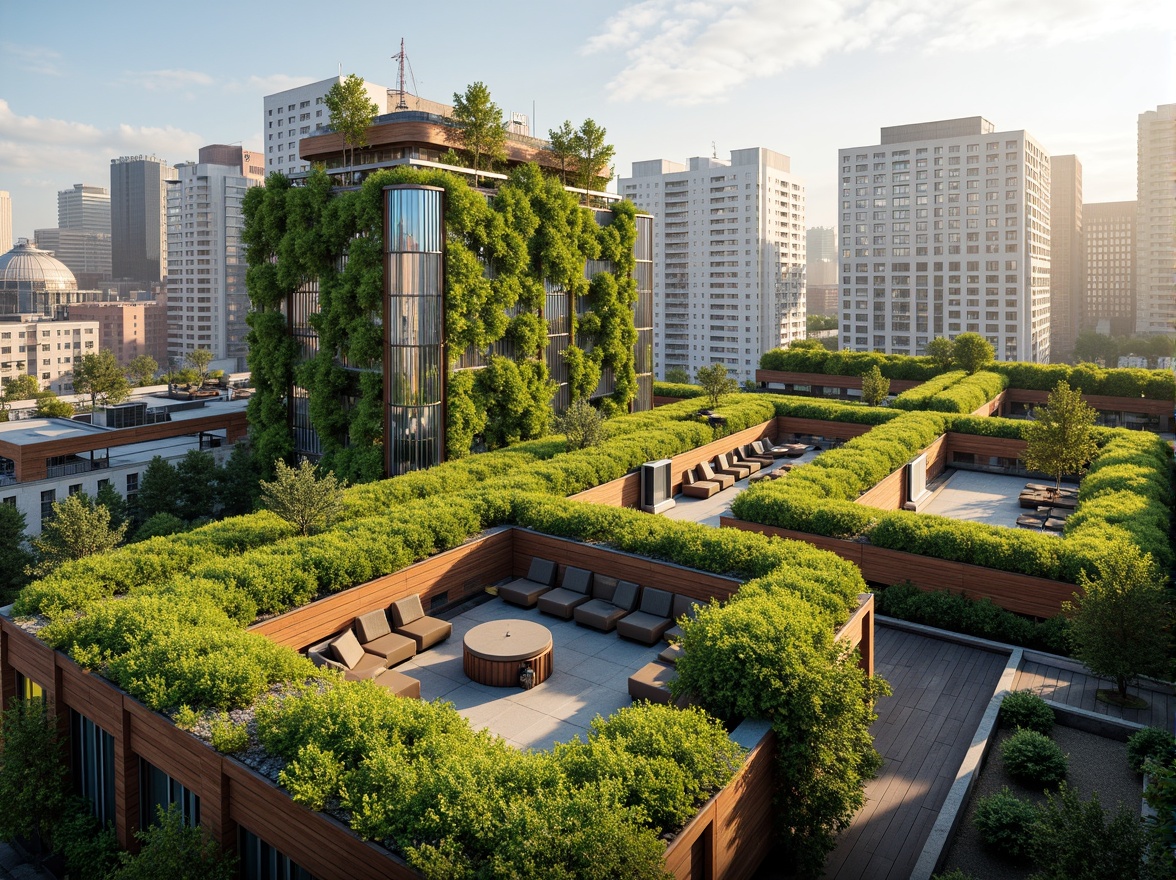 Prompt: Vibrant green roofs, lush vertical gardens, recycled metal structures, energy-harvesting solar panels, futuristic curved lines, minimalist design, eco-friendly materials, innovative cooling systems, shaded outdoor spaces, misting systems, organic-inspired patterns, natural stone flooring, wooden accents, living walls, urban forestry, bustling cityscape, warm sunny day, soft warm lighting, shallow depth of field, 3/4 composition, panoramic view, realistic textures, ambient occlusion.