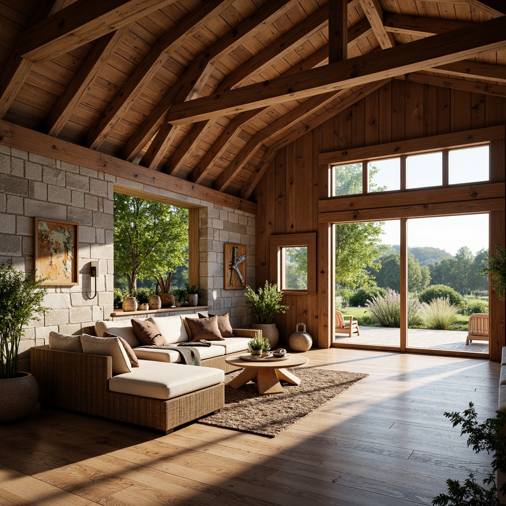 Prompt: Rustic barn, reclaimed wood accents, vintage farm tools, natural stone walls, earthy color palette, exposed wooden beams, large windows, sliding glass doors, lush greenery, wildflowers, sunny day, soft warm lighting, shallow depth of field, 3/4 composition, panoramic view, realistic textures, ambient occlusion, open floor plan, minimal ornamentation, distressed metal decor, woven textiles, natural fabrics, cozy nooks, plush furnishings, rustic-chic atmosphere.