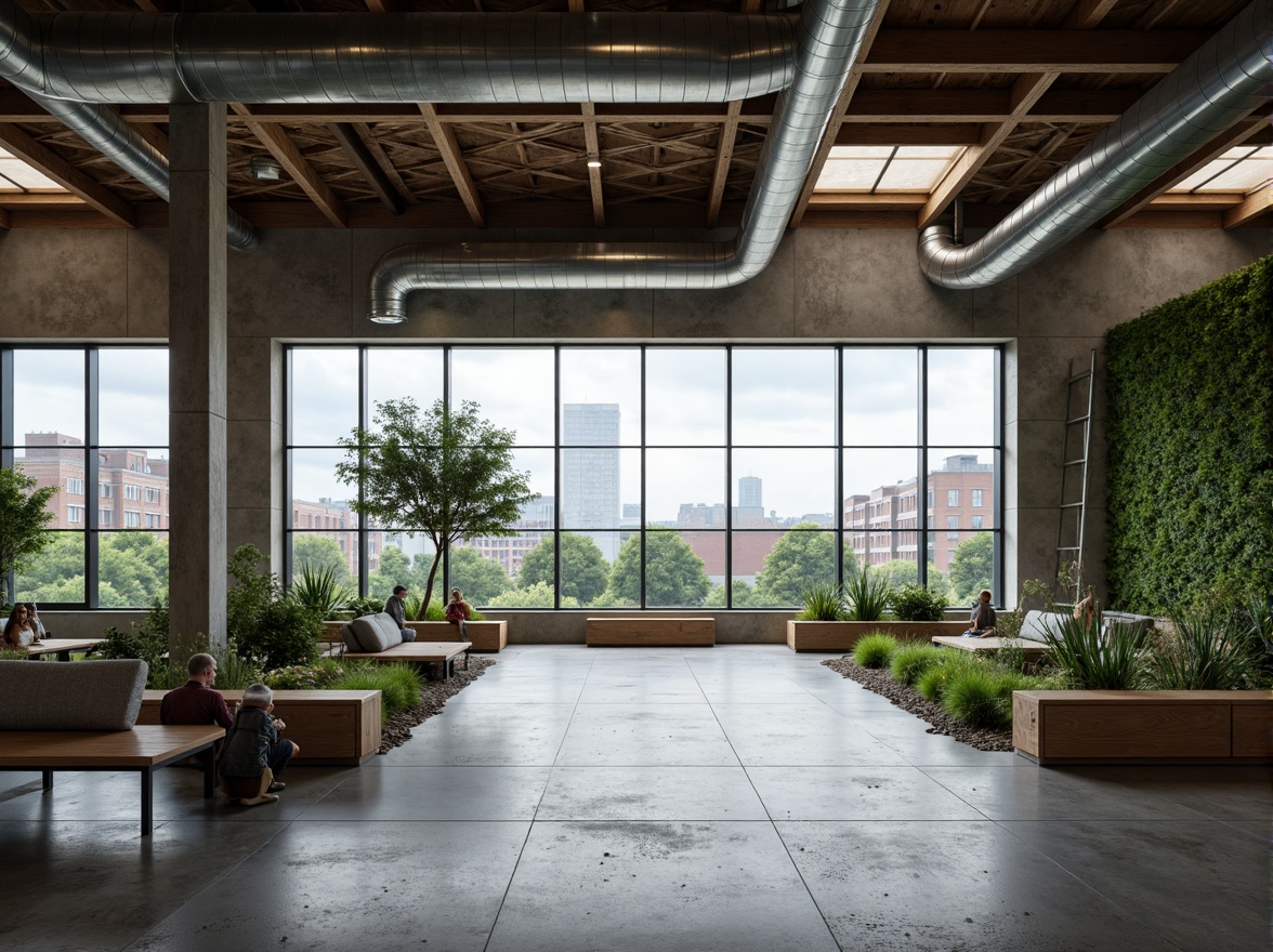 Prompt: Industrial factory setting, minimalist aesthetic, exposed ductwork, polished concrete floors, reclaimed wood accents, eco-friendly materials, recycled metal beams, energy-efficient lighting, large skylights, natural ventilation systems, green roofs, living walls, urban landscape views, cloudy day, soft diffused lighting, shallow depth of field, 1/1 composition, realistic textures, ambient occlusion.