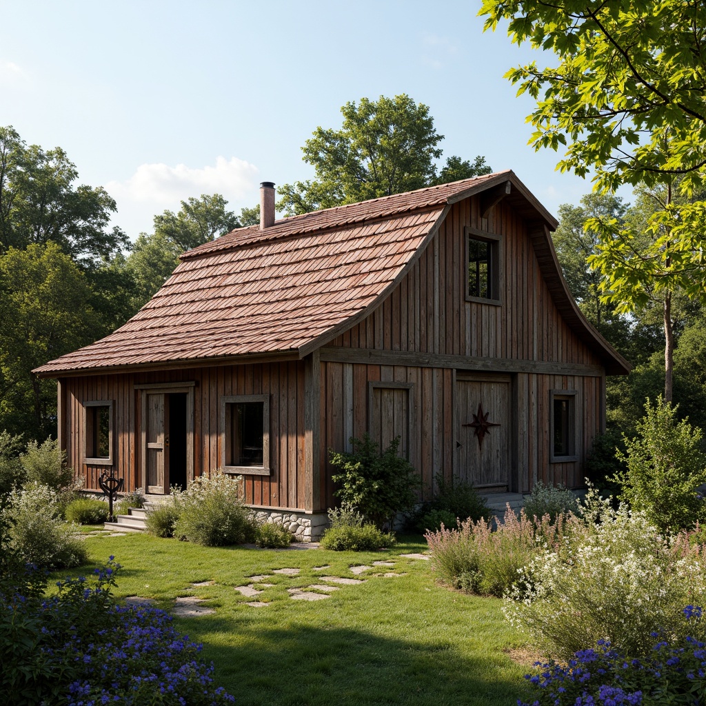 Prompt: Rustic barn, renaissance revival style, curved rooflines, terra cotta tiles, weathered wooden beams, ornate metal decorations, vintage farm tools, lush greenery, blooming wildflowers, sunny afternoon, soft warm lighting, shallow depth of field, 3/4 composition, panoramic view, realistic textures, ambient occlusion, distressed wood accents, earthy color palette, natural stone foundations, asymmetrical facade, decorative trusses, ornate roof finials.