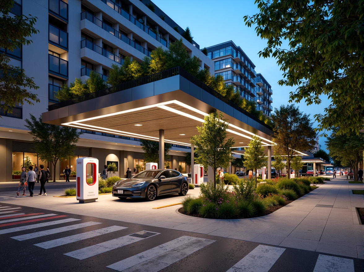 Prompt: Electric vehicle charging station, modern minimalist design, sleek metal canopies, solar panels, green roofs, eco-friendly materials, innovative cooling technologies, shaded outdoor spaces, misting systems, vibrant colorful accents, geometric patterns, urban cityscape, busy streets, pedestrian walkways, bike lanes, streetlights, nighttime ambiance, soft warm lighting, shallow depth of field, 3/4 composition, panoramic view, realistic textures, ambient occlusion.