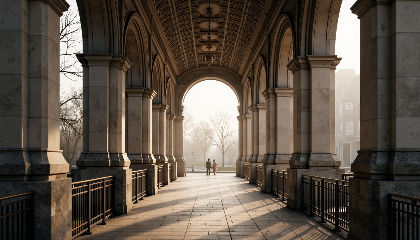 Prompt: Elegant pedestrian bridge, classical arches, ornate stone carvings, symmetrical composition, grand entrance, sweeping curves, refined metal railings, subtle lighting, misty morning atmosphere, soft warm glow, shallow depth of field, 1/1 composition, realistic textures, ambient occlusion.