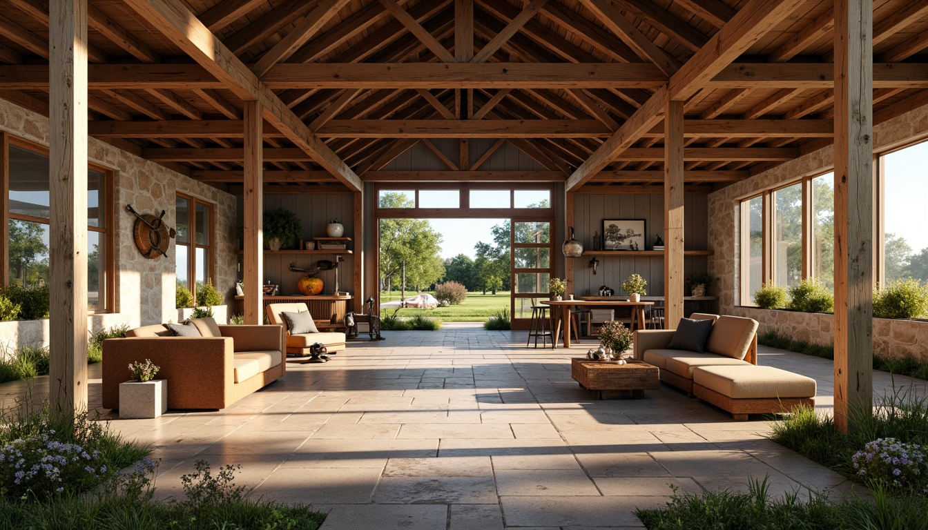 Prompt: Rustic barn, wooden beams, vintage farm tools, natural stone walls, earthy color palette, reclaimed wood accents, distressed metal decor, open concept living, high ceilings, large windows, sliding glass doors, lush greenery, wildflowers, sunny day, soft warm lighting, shallow depth of field, 3/4 composition, panoramic view, realistic textures, ambient occlusion.