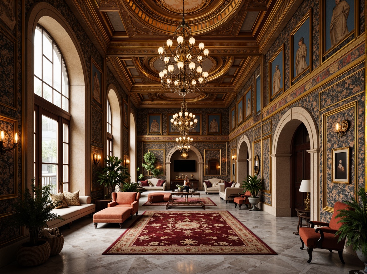 Prompt: Luxurious apartment interior, Byzantine-inspired ornate details, golden accents, intricate mosaics, ornate arches, grand chandeliers, rich velvet fabrics, jewel-toned color palette, lavish furnishings, marble floors, ornamental columns, gilded frames, opulent textiles, regal atmosphere, warm soft lighting, shallow depth of field, 1/1 composition, realistic textures, ambient occlusion.