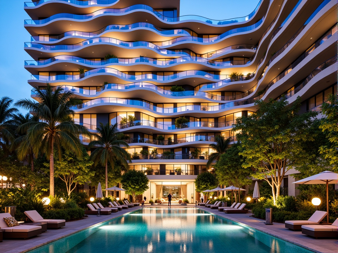 Prompt: Vibrant hotel facade, undulating curves, iridescent glass panels, LED light installations, cantilevered balconies, lush green walls, tropical plants, warm golden lighting, shallow depth of field, 1/1 composition, panoramic view, realistic textures, ambient occlusion, luxurious amenities, rooftop pool, outdoor lounge areas, modern minimalist decor, sleek metal accents, polished marble floors, sophisticated color schemes, futuristic ambiance, experimental materials, innovative structural systems.