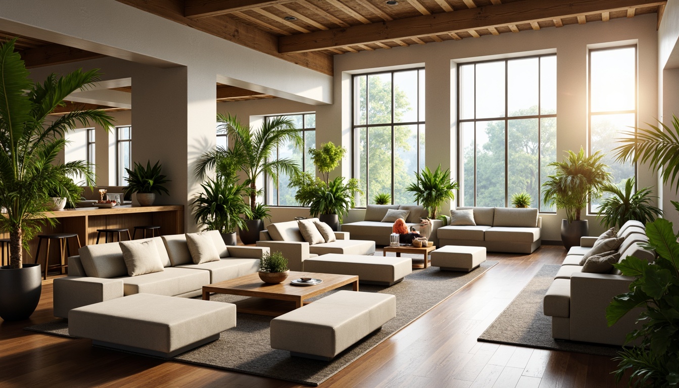 Prompt: Spacious open plan living area, high ceilings, large windows, natural light pouring in, comfortable seating areas, plush sofas, wooden coffee tables, vibrant greenery, potted plants, soft warm lighting, shallow depth of field, 3/4 composition, panoramic view, realistic textures, ambient occlusion, modern minimalist decor, sleek lines, calm color palette, acoustic panels, sound-absorbing materials, ergonomic furniture design, flowing traffic paths, visual connections between spaces.