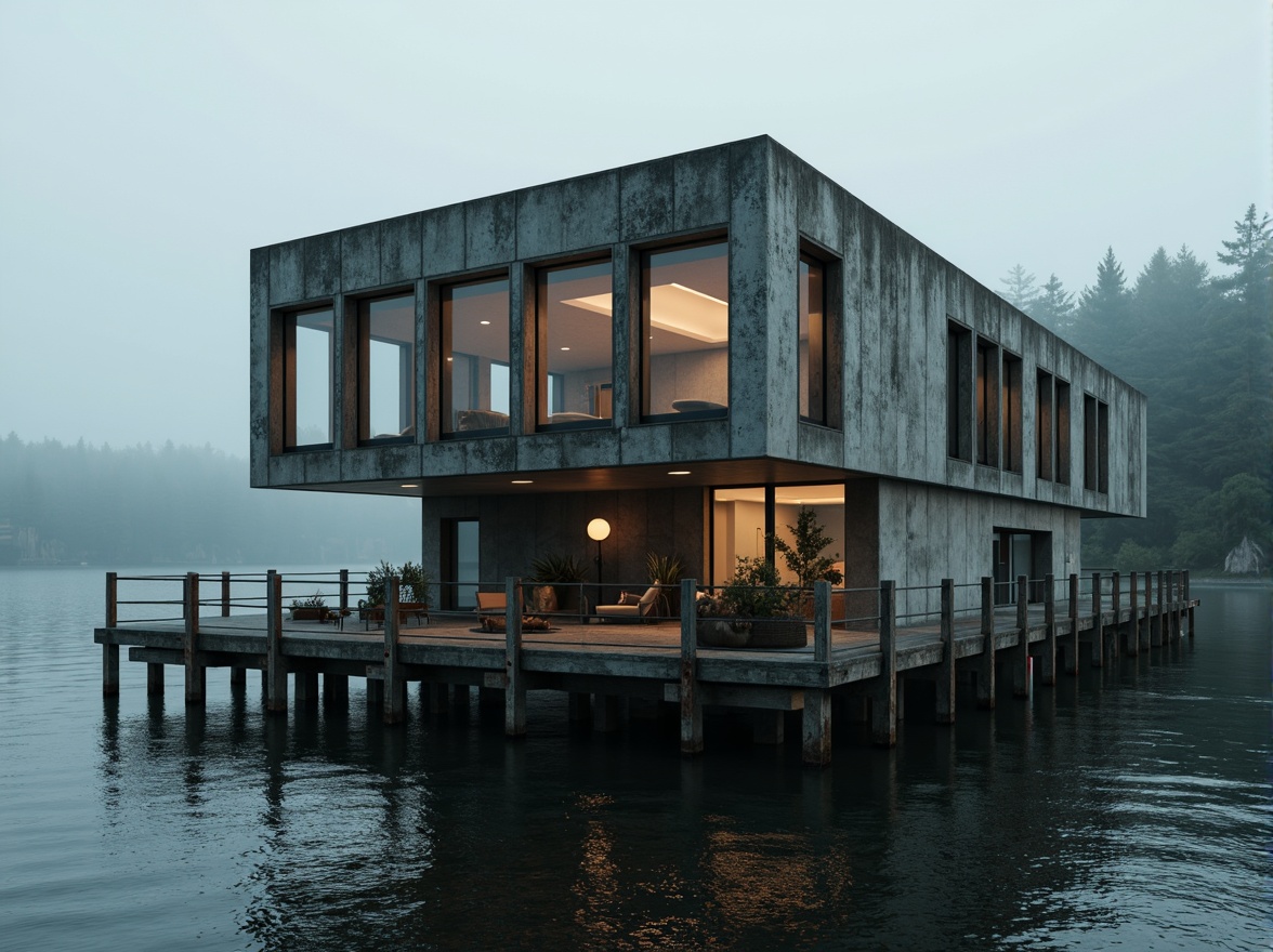 Prompt: Rugged boathouse, brutalist facade, raw concrete walls, weathered wooden accents, industrial metal frames, oversized windows, minimalist decor, nautical ropes, distressed wood textures, rusty metal details, dramatic shadows, low-key lighting, cinematic composition, atmospheric mist, mysterious lake surroundings, dense forest backdrop, overcast sky, subtle color palette, rough-hewn stone foundations.