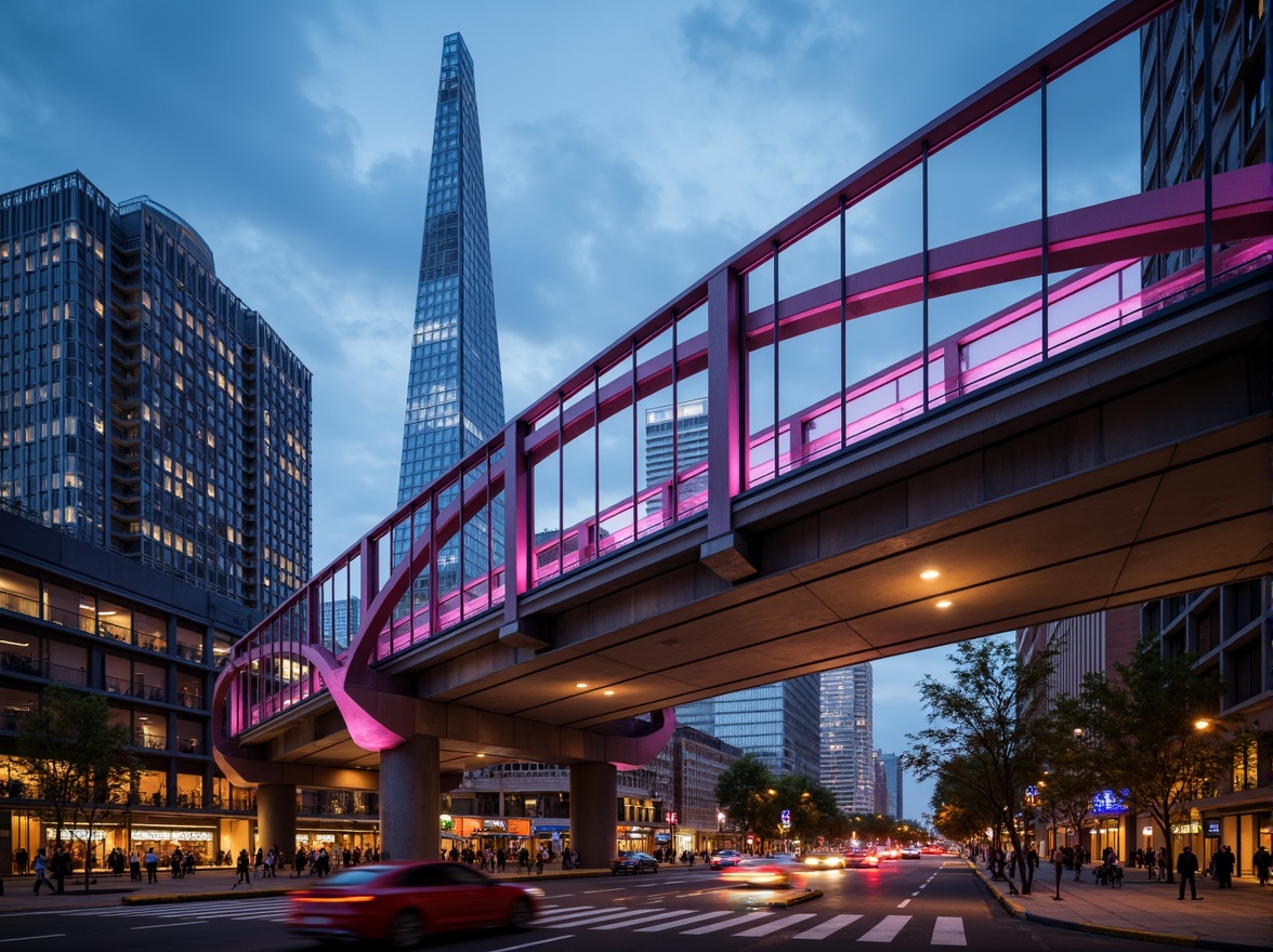 Prompt: Futuristic bridge design, sleek metal structures, LED lighting systems, neon accents, dynamic color changing effects, misty atmospheric fog, urban cityscape, modern skyscrapers, bustling traffic flow, vibrant nightlife ambiance, warm golden hour lighting, shallow depth of field, 1/1 composition, low-angle shot, realistic reflections, ambient occlusion.