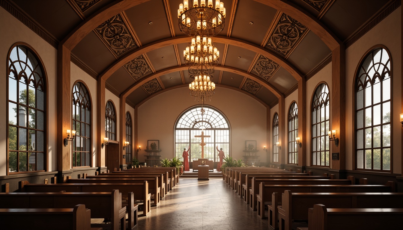 Prompt: Elegant worship hall, high ceilings, grand chandeliers, soft warm lighting, subtle color temperature, ambient illumination, LED strip lights, minimalist fixtures, sacred symbols, intricate stone carvings, stained glass windows, natural light pouring in, dramatic shadows, 1/1 composition, symmetrical framing, realistic textures, atmospheric rendering.