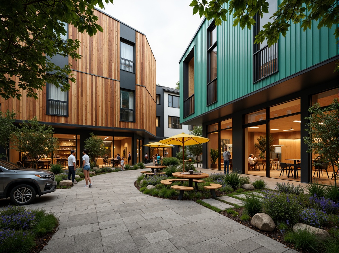 Prompt: Cozy coffee shop, warm wooden facade, large glass windows, rustic metal doors, vibrant green walls, modern minimalist design, social housing complex, community gathering space, outdoor seating area, lush greenery, natural stone pathways, warm lighting, shallow depth of field, 3/4 composition, realistic textures, ambient occlusion.