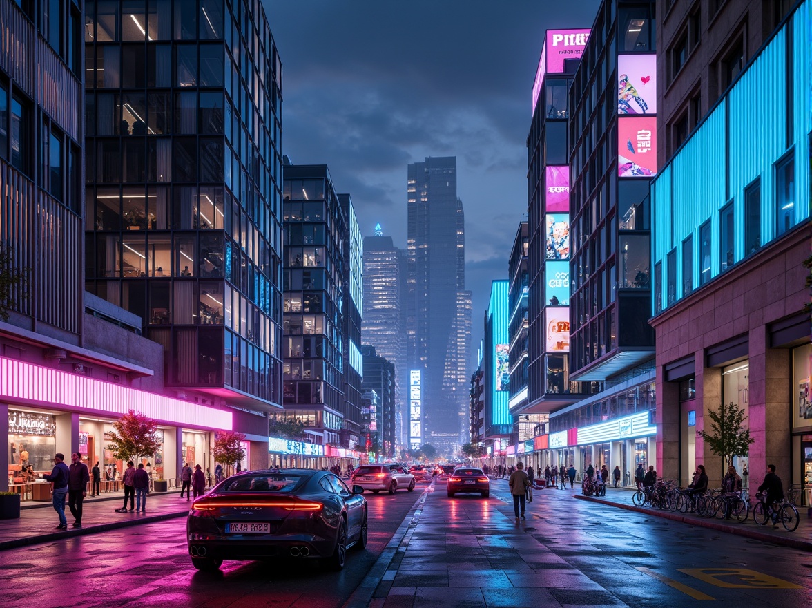 Prompt: Neon-lit cityscape, metallic skyscrapers, iridescent glass facades, holographic advertisements, cyberpunk alleys, neon-drenched streets, futuristic transportation hubs, levitating cars, hyper-modern skyscrapers, LED-infused buildings, electric blue accents, vibrant pink hues, luminescent whites, dark greys, sleek silvers, chrome finishes, geometric patterns, 3D-printed structures, augmented reality interfaces, virtual reality landscapes, panoramic city views, high-contrast lighting, cinematic depth of field, futuristic urban planning.