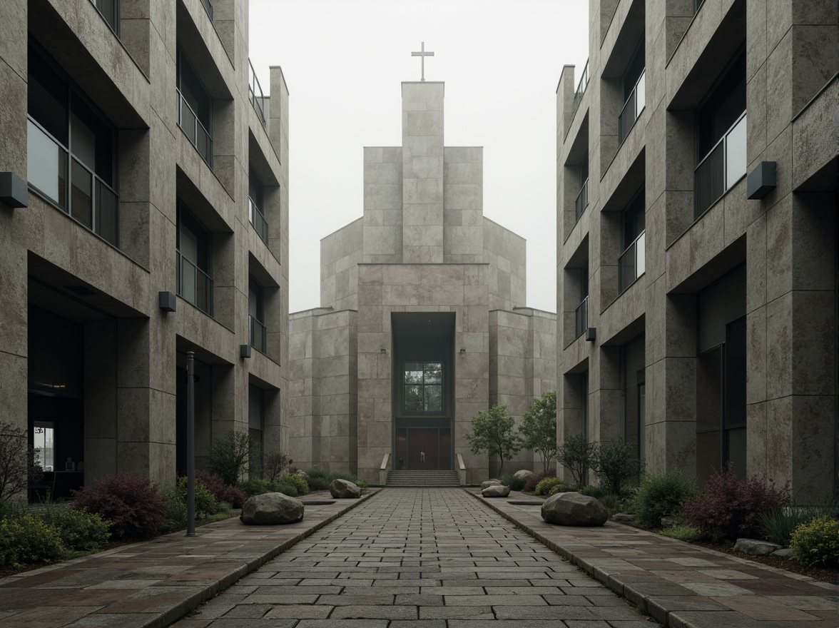 Prompt: Rugged brutalist church, raw concrete walls, bold geometric shapes, dramatic natural light, muted earthy tones, weathered stone fa\u00e7ade, industrial metal accents, minimalist ornamentation, stark simplicity, atmospheric foggy day, soft diffused lighting, high contrast ratio, 1/1 composition, symmetrical framing, realistic textures, ambient occlusion.