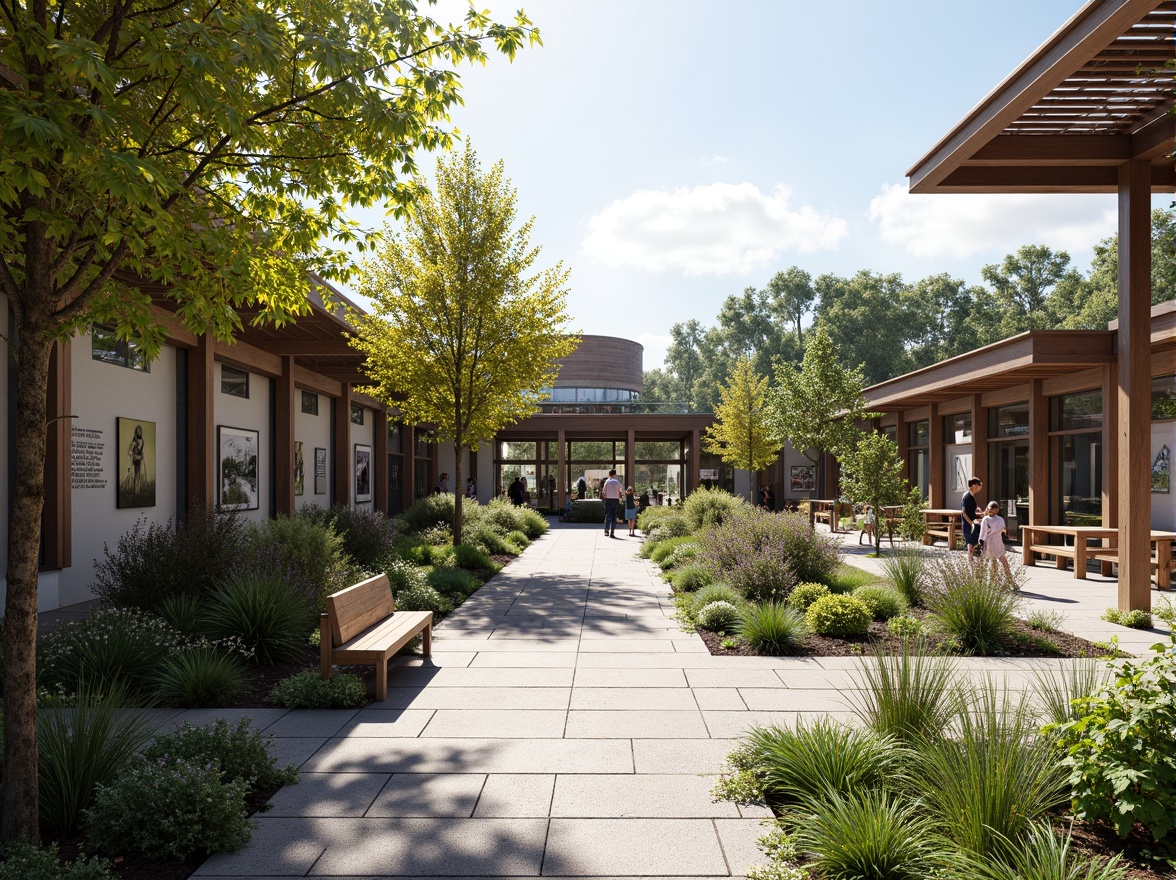 Prompt: \Visitor center courtyard, natural stone paving, lush greenery, native plant species, meandering walkways, educational signage, interactive exhibits, outdoor seating areas, wooden benches, rustic metal railings, modern architecture, large windows, glass doors, cantilevered roofs, sunny day, soft warm lighting, shallow depth of field, 3/4 composition, panoramic view, realistic textures, ambient occlusion.\