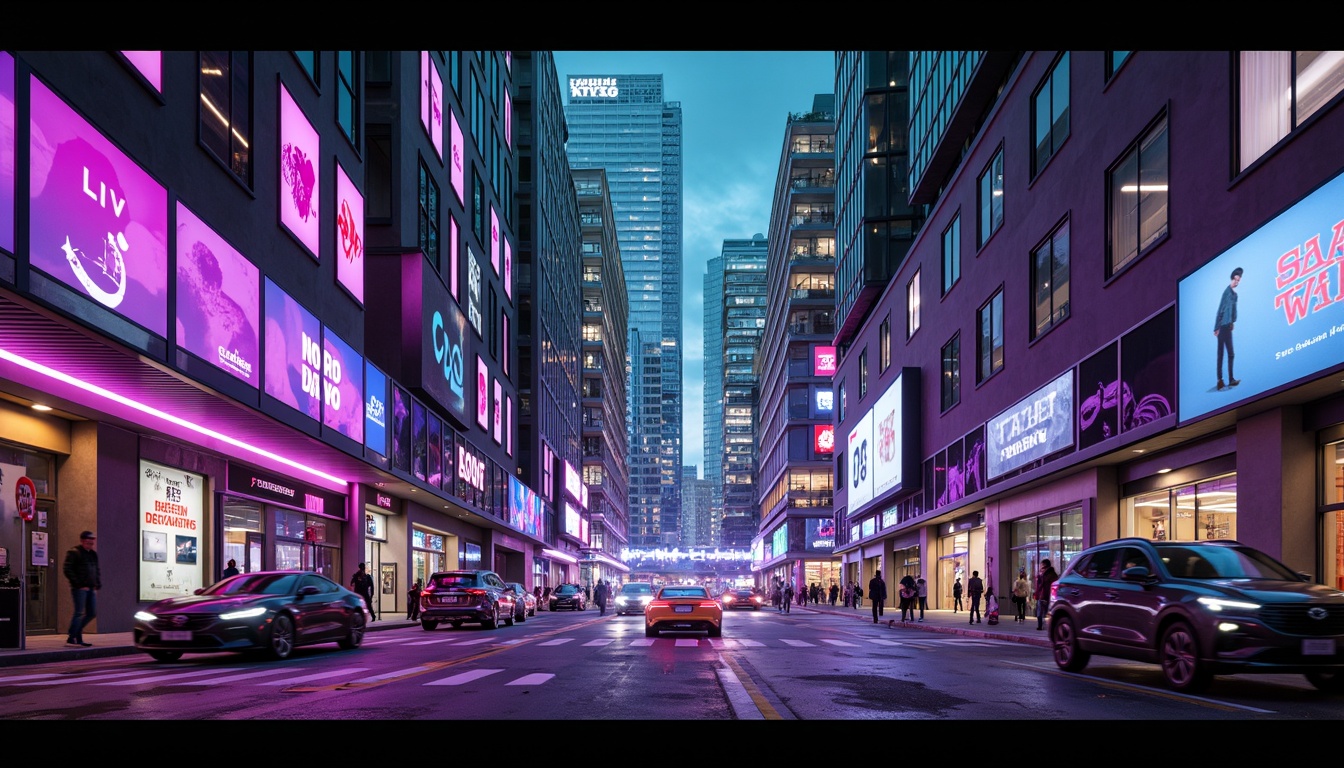 Prompt: Neon-lit cityscape, futuristic skyscrapers, iridescent glass facades, holographic advertisements, vibrant purple and green hues, metallic silver accents, glowing blue lines, sleek aerodynamic shapes, retro-futuristic nostalgia, cyberpunk influences, high-tech gadgetry, virtual reality interfaces, neon-drenched alleys, 3D projection mapping, cinematic lighting, shallow depth of field, 1/1 composition, futuristic typography, abstract geometric patterns.