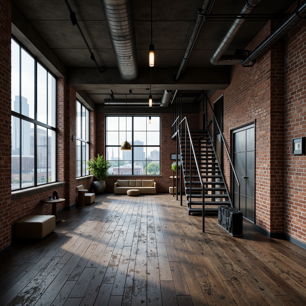 Prompt: Exposed brick walls, metal beams, industrial pipes, reclaimed wood floors, high ceilings, minimalist decor, modern LED lighting, sleek steel furniture, urban cityscape views, concrete columns, functional catwalks, metallic staircases, distressed finishes, edgy textures, moody color palette, dramatic shadows, cinematic lighting, 3/4 composition, low-angle shot, gritty realistic render.