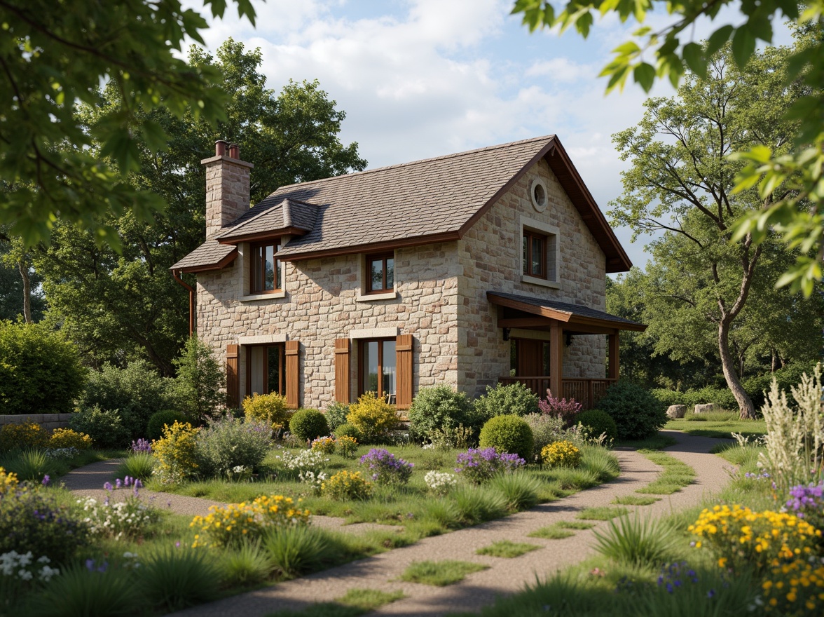 Prompt: Rustic rural cottage, natural stone walls, wooden shutters, earthy color palette, pitched roof, overhanging eaves, lush greenery, blooming wildflowers, winding country roads, serene countryside, warm sunny day, soft diffused lighting, shallow depth of field, 1/2 composition, intimate framing, realistic textures, ambient occlusion.