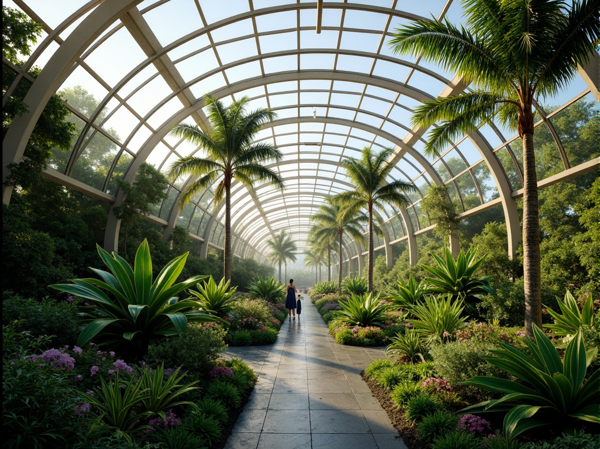 Prompt: Lush tropical plants, futuristic greenhouse architecture, curved glass surfaces, steel frames, automated irrigation systems, misting humidifiers, natural ventilation, abundant sunlight, soft warm lighting, shallow depth of field, 3/4 composition, panoramic view, realistic textures, ambient occlusion, vibrant green walls, living roofs, organic shapes, biomimicry elements, sustainable materials, eco-friendly systems, innovative climate control, futuristic furniture, minimalist decor, serene ambiance, peaceful atmosphere.