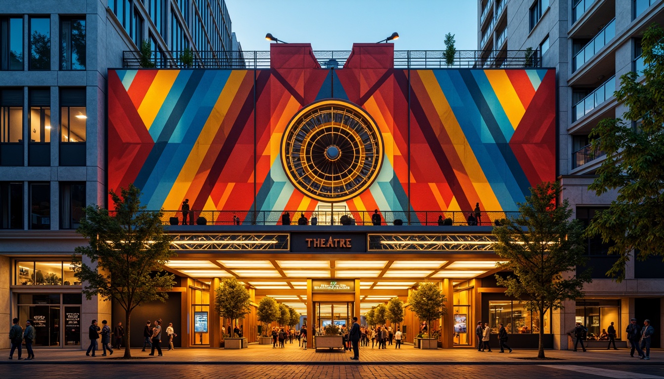 Prompt: Vibrant theater facade, constructivist architecture, geometric shapes, bold colors, abstract patterns, metallic materials, industrial textures, dramatic lighting, spotlights, grand entrance, ornate details, sculptural elements, avant-garde design, futuristic vibe, urban cityscape, evening atmosphere, warm golden lighting, shallow depth of field, 1/1 composition, symmetrical framing, high-contrast colors, intricate stonework, ornamental railings.