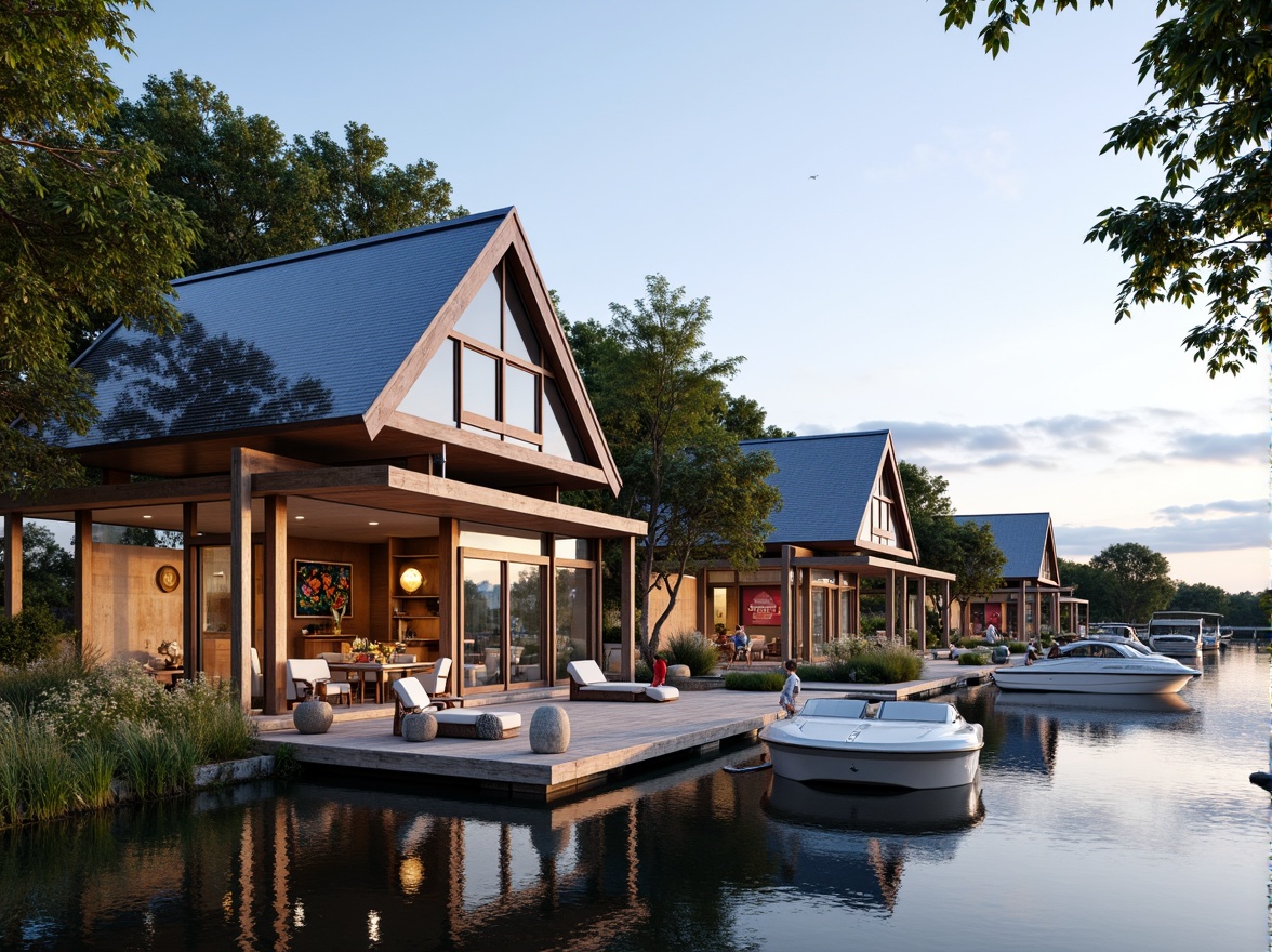 Prompt: Waterfront boathouse, rustic wooden docks, serene lake views, modern glazing systems, floor-to-ceiling windows, sliding glass doors, reflective water-inspired fa\u00e7ades, angular metal frames, minimalist design, sustainable energy solutions, solar panels, green roofs, eco-friendly materials, innovative cooling technologies, shaded outdoor spaces, misting systems, nautical-themed decorations, vibrant colorful textiles, intricate geometric motifs, warm soft lighting, shallow depth of field, 3/4 composition, panoramic view, realistic textures, ambient occlusion.