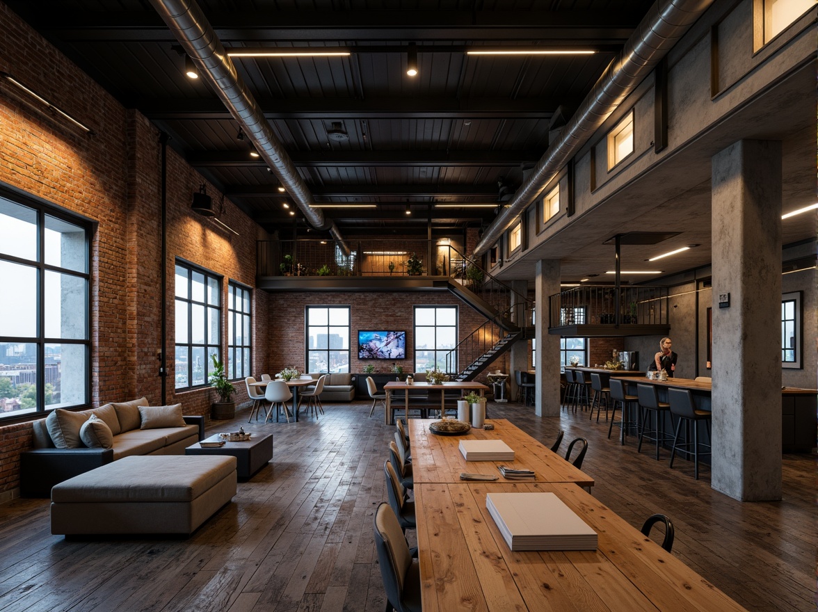 Prompt: Exposed brick walls, metal beams, industrial pipes, reclaimed wood floors, high ceilings, minimalist decor, modern LED lighting, sleek steel furniture, urban cityscape views, concrete columns, functional catwalks, metallic staircases, distressed finishes, edgy textures, moody color palette, dramatic shadows, cinematic lighting, 3/4 composition, low-angle shot, gritty realistic render.