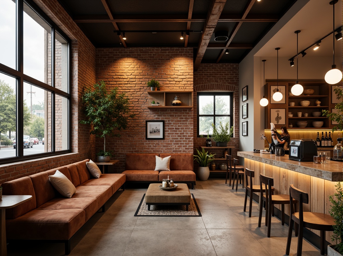 Prompt: Cozy coffee shop interior, reclaimed wood accents, exposed brick walls, polished concrete floors, industrial metal beams, warm pendant lighting, comfortable velvet sofas, rustic wooden tables, decorative ceramic tiles, aromatic coffee scents, natural stone countertops, earthy color palette, organic textures, soft background music, intimate seating areas, minimalist decor, functional shelving units, rich leather upholstery, warm beige tones, inviting atmosphere, 1/1 composition, shallow depth of field, realistic renderings.