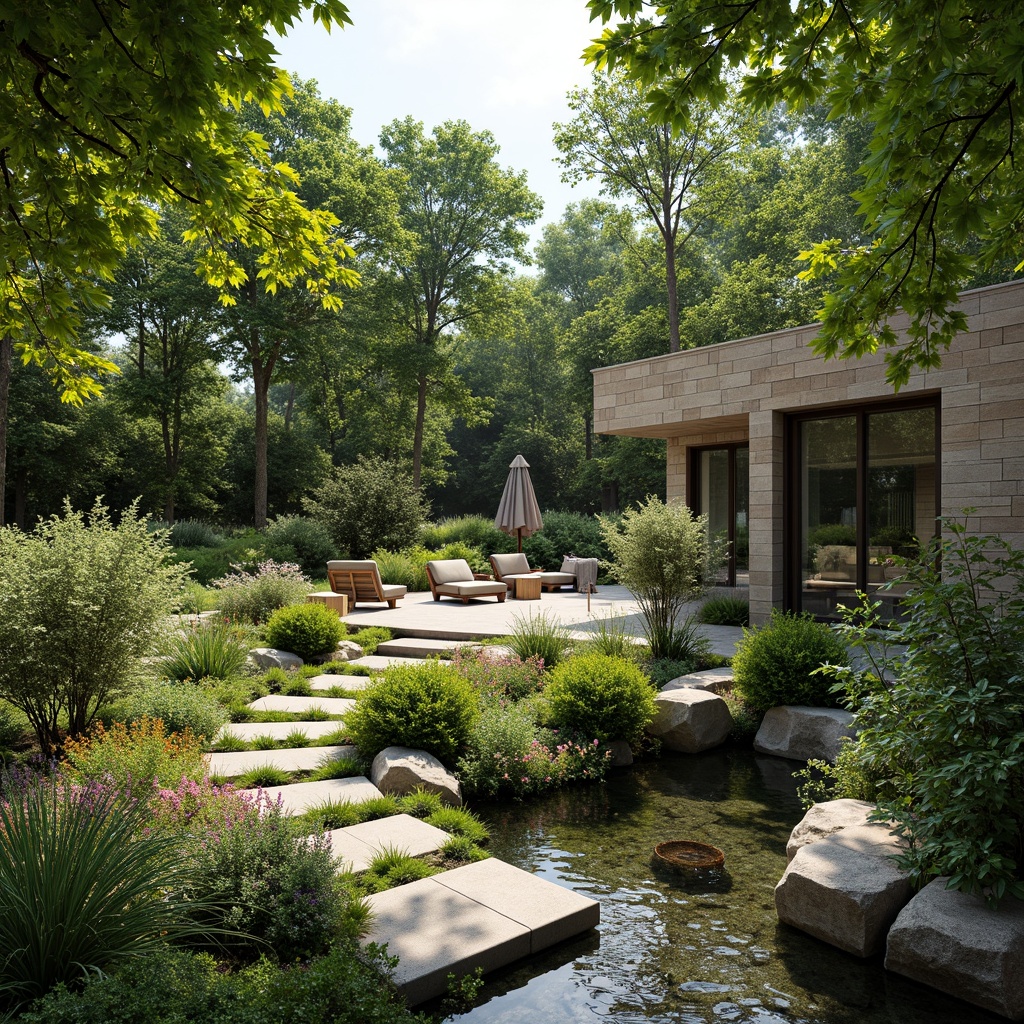 Prompt: Lush greenery, natural stone walls, meandering pathways, serene water features, vibrant flower beds, native plant species, organic garden design, eco-friendly materials, sustainable irrigation systems, modern outdoor furniture, shaded seating areas, warm ambient lighting, soft focus, 1/1 composition, realistic textures, atmospheric perspective.