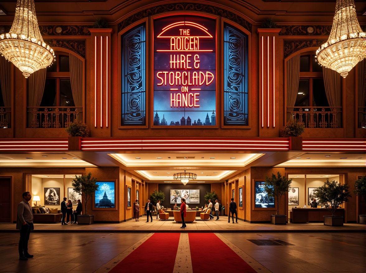 Prompt: Vibrant cinema facade, ornate decorations, Art Deco patterns, neon lights, bold signage, grand entrance, red carpet, luxurious curtains, opulent chandeliers, intricate moldings, ornamental columns, lavish balconies, cinematic posters, nostalgic ambiance, warm golden lighting, shallow depth of field, 1/1 composition, symmetrical framing, realistic textures, ambient occlusion.