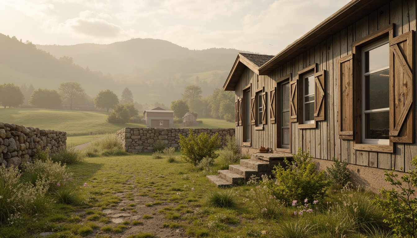 Prompt: Rustic rural landscape, earthy tones, warm beige, soft sage, mossy green, weathered wood textures, vintage metal accents, distressed stone walls, wildflower fields, rolling hills, serene countryside, misty morning light, soft focus, shallow depth of field, 1/2 composition, naturalistic colors, organic shapes, whimsical patterns.