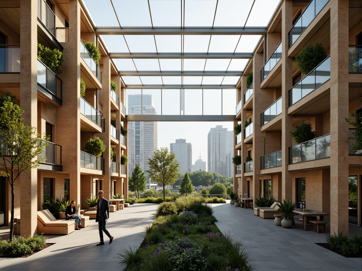 Prompt: Eco-friendly dormitory, polycarbonate walls, translucent roofing, natural ventilation, energy-efficient lighting, minimalist decor, recycled furniture, greenery-filled balconies, urban cityscape views, modern architecture, sleek lines, industrial chic aesthetic, soft warm glow, shallow depth of field, 1/1 composition, realistic textures, ambient occlusion.