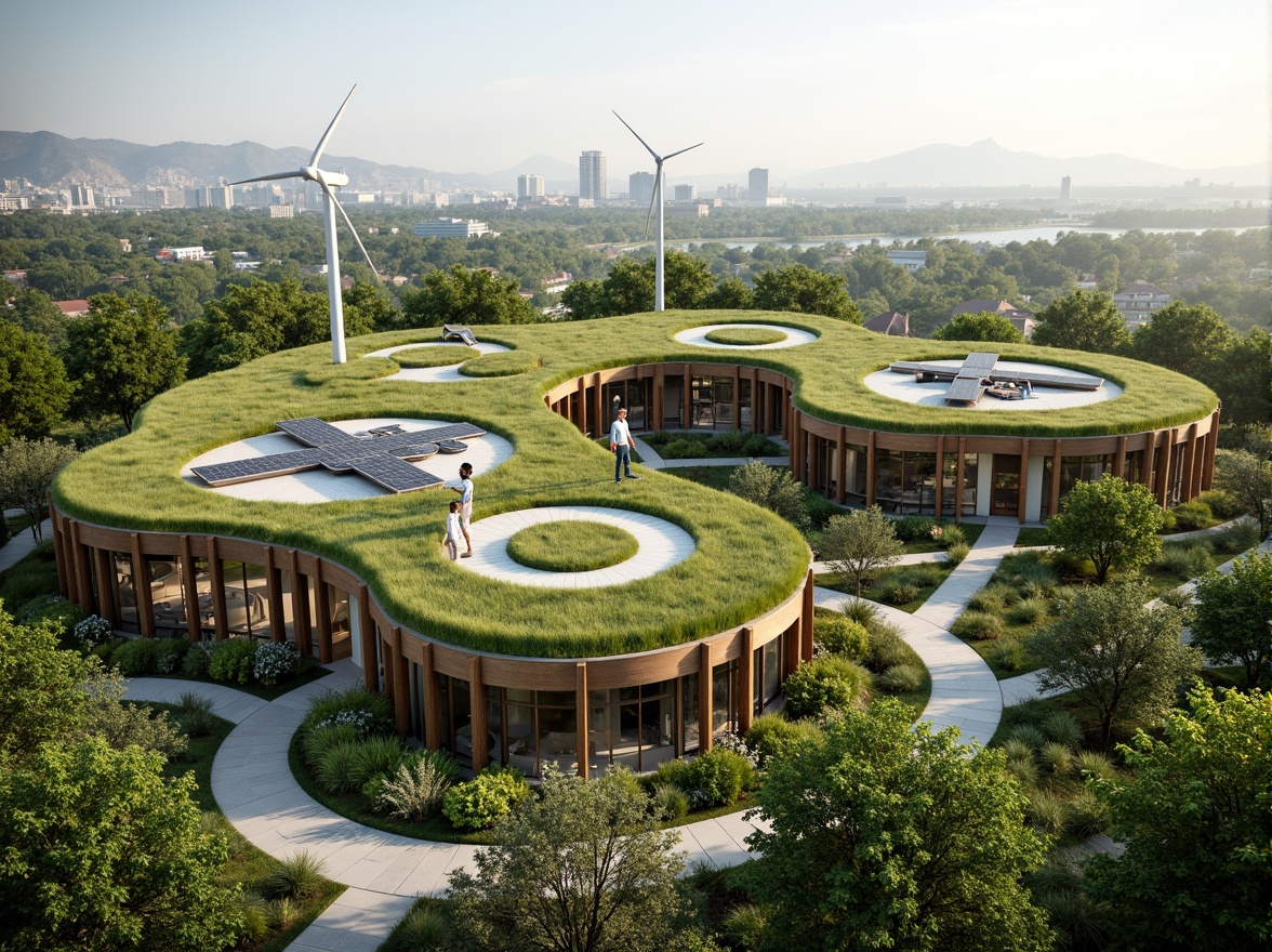 Prompt: Eco-friendly buildings, lush green roofs, solar panels, wind turbines, rainwater harvesting systems, natural ventilation, recycled materials, bamboo facades, living walls, organic shapes, curved lines, earthy tones, serene atmosphere, soft natural lighting, shallow depth of field, 3/4 composition, panoramic view, realistic textures, ambient occlusion.