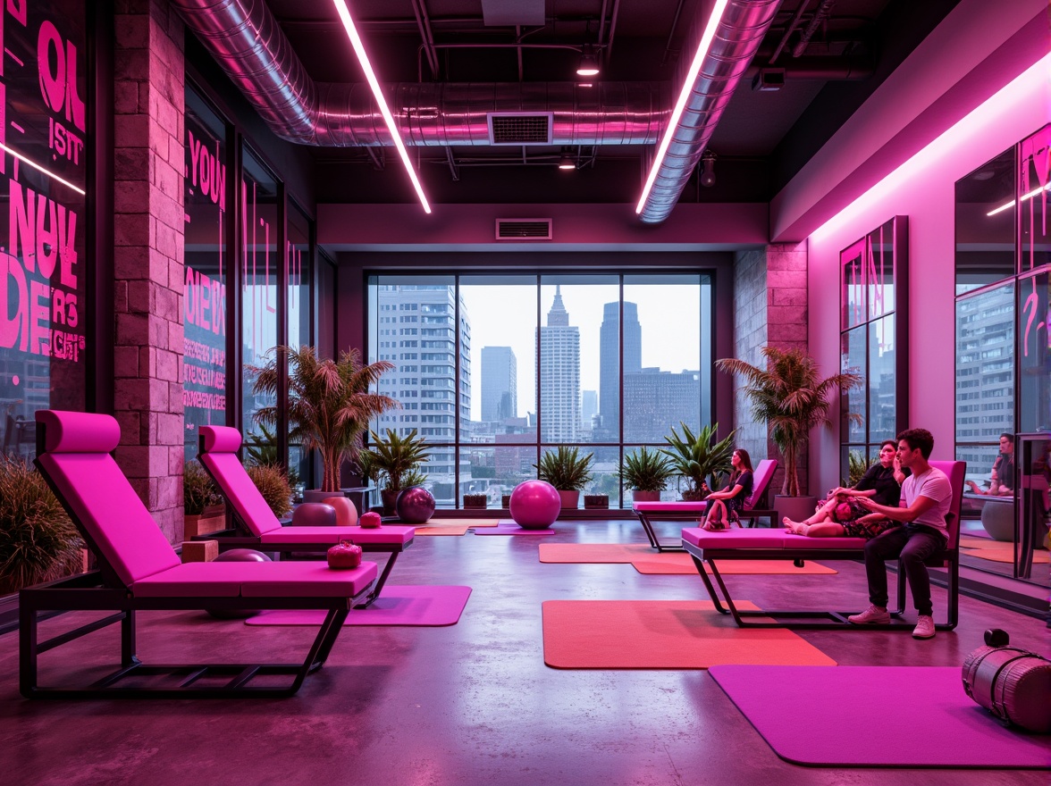 Prompt: Vibrant fuchsia accents, modern fitness equipment, sleek metal frames, rubber flooring, mirrored walls, energetic atmosphere, dynamic lighting, bold color blocking, abstract geometric patterns, motivational quotes, futuristic architecture, minimalist decor, high-ceiling spaces, natural stone features, industrial chic elements, urban cityscape views, early morning sunlight, soft focus blur, 1/1 composition, realistic textures, ambient occlusion.