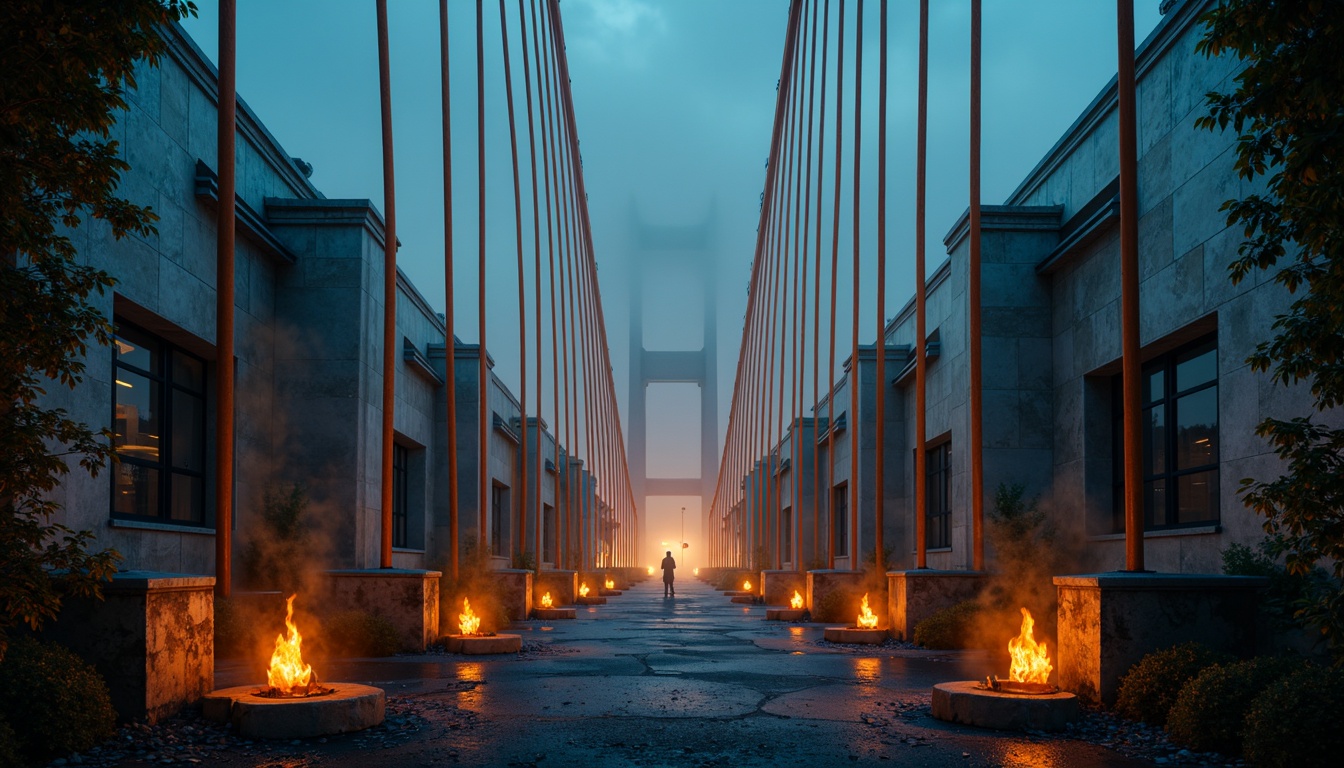 Prompt: Vibrant orange suspension cables, deep blue steel beams, warm golden lighting, misty atmospheric effects, rugged stone piers, dynamic curved lines, bold geometric shapes, distressed metal textures, eerie nighttime ambiance, high-contrast color palette, dramatic shadows, cinematic composition, 1/2 framing, low-key lighting, mysterious foggy atmosphere.