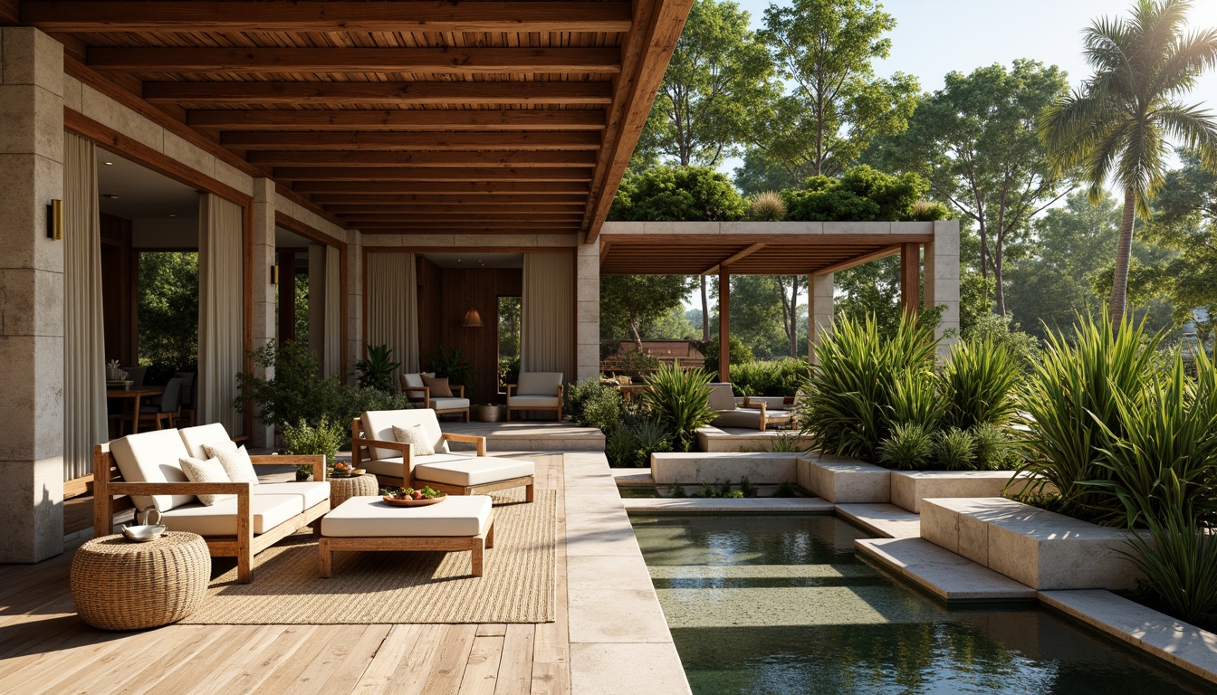 Prompt: Rustic wooden accents, reclaimed timber, natural stone walls, earthy color palette, organic textures, bamboo flooring, woven rattan furniture, living green roofs, lush vegetation, serene water features, minimalist decor, warm ambient lighting, soft shadows, 1/1 composition, realistic renderings, subtle depth of field.