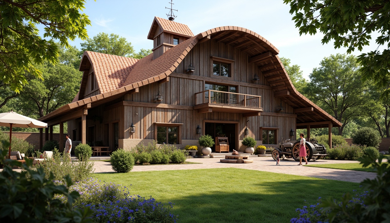 Prompt: Rustic barn, renaissance revival style, curved rooflines, terra cotta tiles, weathered wooden beams, ornate metal decorations, vintage farm tools, lush greenery, blooming wildflowers, sunny afternoon, soft warm lighting, shallow depth of field, 3/4 composition, panoramic view, realistic textures, ambient occlusion, distressed wood accents, earthy color palette, natural stone foundations, asymmetrical facade, decorative trusses, ornate roof finials.