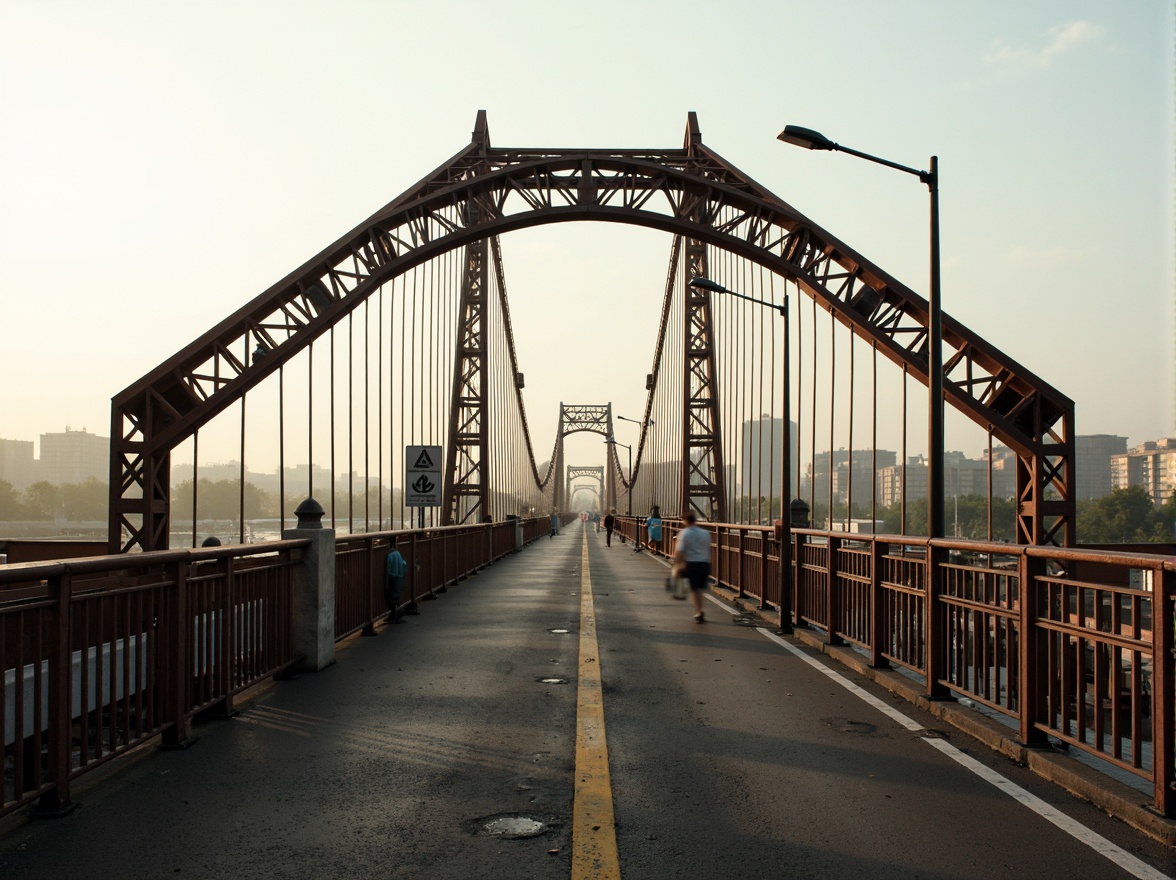 Prompt: Rustic vehicular bridge, steel arches, suspension cables, concrete piers, asphalt roadways, metallic railings, urban cityscape, misty morning fog, soft warm lighting, shallow depth of field, 1/1 composition, realistic textures, ambient occlusion, structural beams, load-bearing columns, reinforced concrete foundations, drainage systems, waterproof coatings, anti-corrosion treatments, safety barriers, pedestrian walkways, scenic overlooks.