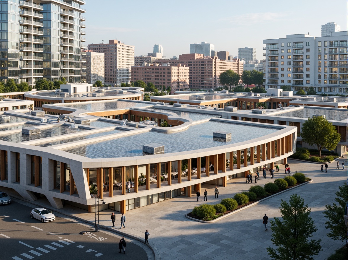 Prompt: Curved rooflines, green roofs, solar panels, modern administrative buildings, sleek glass facades, minimalist design, cantilevered structures, open-air atriums, natural ventilation systems, energy-efficient solutions, urban cityscape, bustling streets, vibrant street art, pedestrian-friendly walkways, accessible ramps, wheelchair-accessible entrances, transparent glass doors, warm wooden accents, soft diffused lighting, shallow depth of field, 1/1 composition, realistic textures, ambient occlusion.