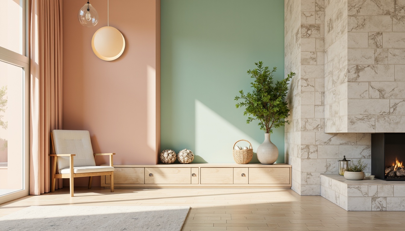 Prompt: Vibrant pastel hues, soft peach tones, calming mint greens, creamy whites, warm beige accents, rich wood textures, natural stone patterns, elegant metallic finishes, subtle gradient effects, atmospheric lighting, shallow depth of field, 2/3 composition, realistic renderings, ambient occlusion.