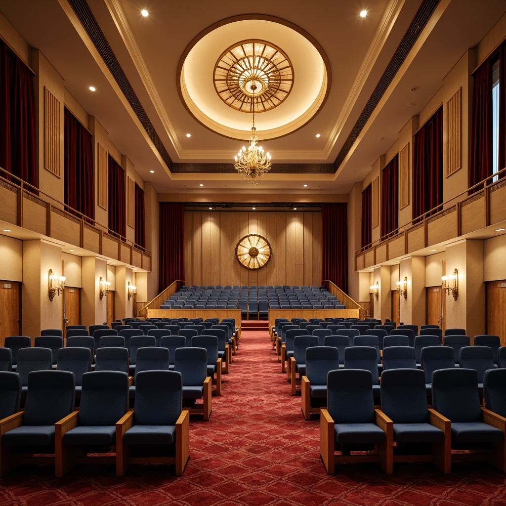 Prompt: Elegant auditorium interior, rich wood tones, warm beige walls, deep blue seats, golden lighting fixtures, sophisticated sound systems, acoustic panels, plush red carpets, dramatic stage lighting, grand chandeliers, ornate architectural details, luxurious velvet curtains, soft cream-colored ceilings, subtle texture contrasts, 1/2 composition, atmospheric misty lighting, realistic material reflections.