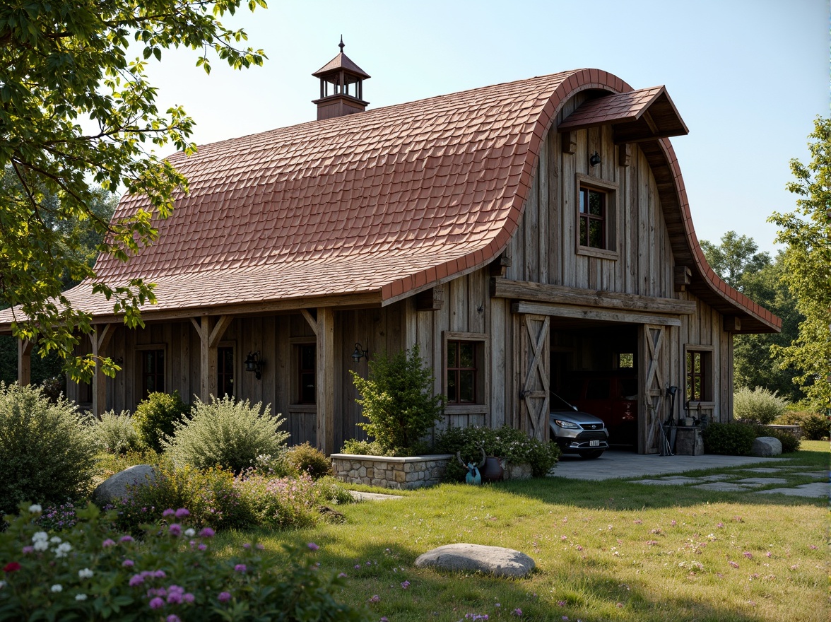 Prompt: Rustic barn, renaissance revival style, curved rooflines, terra cotta tiles, weathered wooden beams, ornate metal decorations, vintage farm tools, lush greenery, blooming wildflowers, sunny afternoon, soft warm lighting, shallow depth of field, 3/4 composition, panoramic view, realistic textures, ambient occlusion, distressed wood accents, earthy color palette, natural stone foundations, asymmetrical facade, decorative trusses, ornate roof finials.