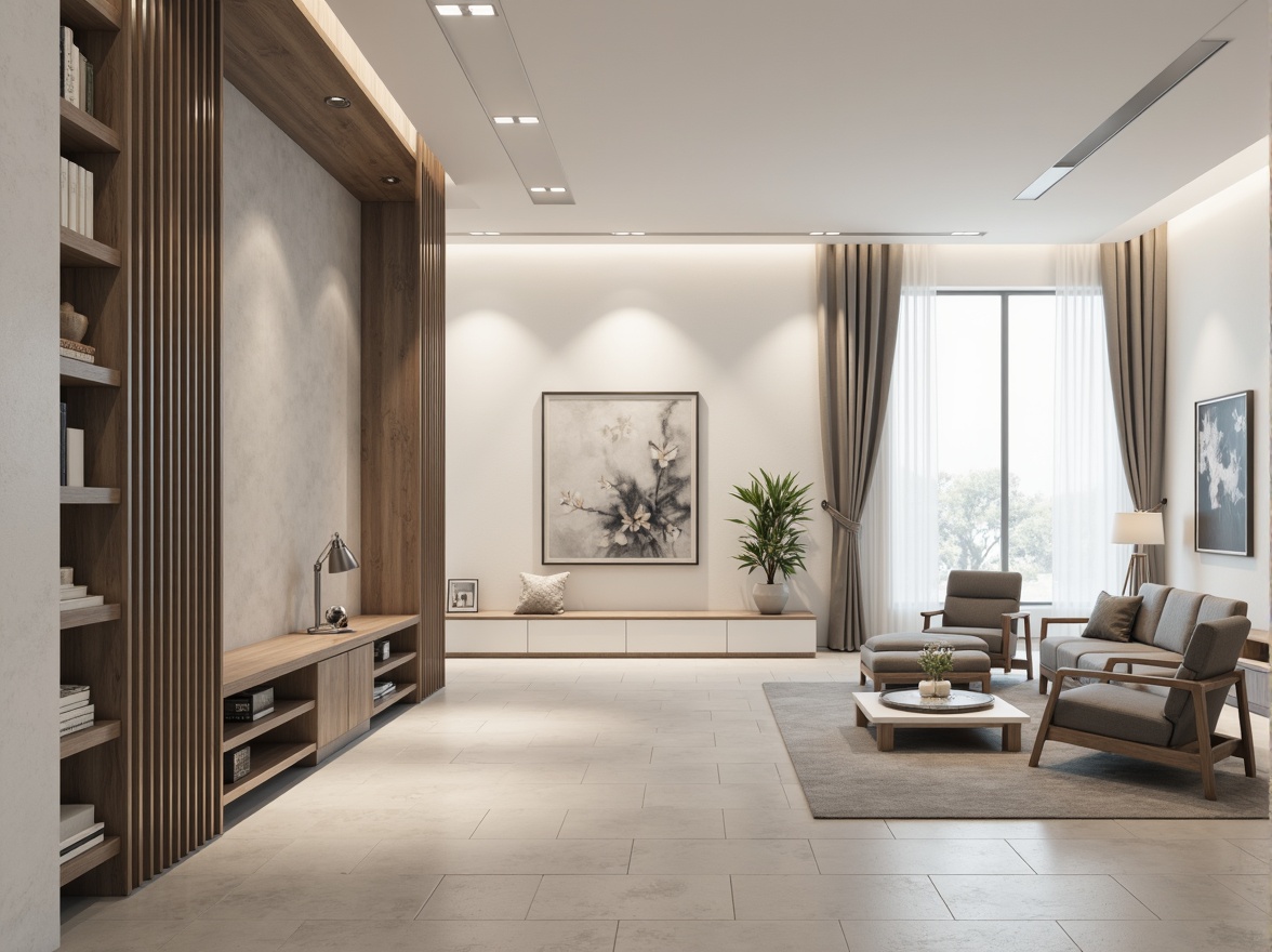 Prompt: Monochromatic modern interior, sleek lines, minimalist decor, neutral color scheme, creamy whites, soft grays, taupe accents, rich wood tones, metallic finishes, subtle texture contrasts, ambient lighting, shallow depth of field, 1/1 composition, realistic renderings, atmospheric perspective.