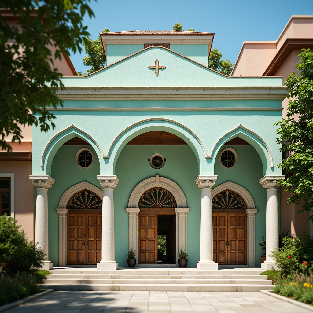 Prompt: Mint-colored church facade, ornate stone carvings, smooth marble columns, rustic wooden doors, stained glass windows, intricate Gothic arches, soft natural lighting, subtle shadows, creamy white accents, delicate filigree patterns, weathered copper roofing, lush greenery surroundings, serene atmosphere, warm sunny day, shallow depth of field, 1/2 composition, realistic textures, ambient occlusion.