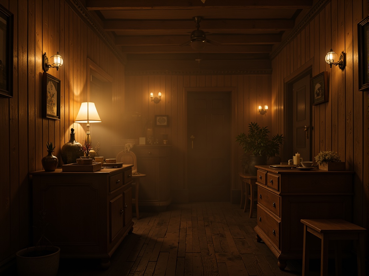 Prompt: Moody atmospheric scene, warm golden lighting, rich wood tones, earthy brown colors, soft beige textures, misty foggy background, mysterious dark shadows, vintage distressed walls, antique furniture pieces, ornate metal fixtures, dimly lit candles, cozy intimate setting, 1/2 composition, shallow depth of field, cinematic color grading.