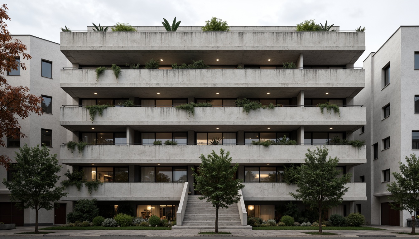 Prompt: Brutalist student hall, rugged concrete facade, bold geometric forms, cantilevered balconies, raw unfinished textures, industrial-style windows, minimalist ornamentation, functional simplicity, urban campus setting, overcast sky, dramatic shadows, high-contrast lighting, 1/1 composition, symmetrical framing, realistic materials, ambient occlusion.