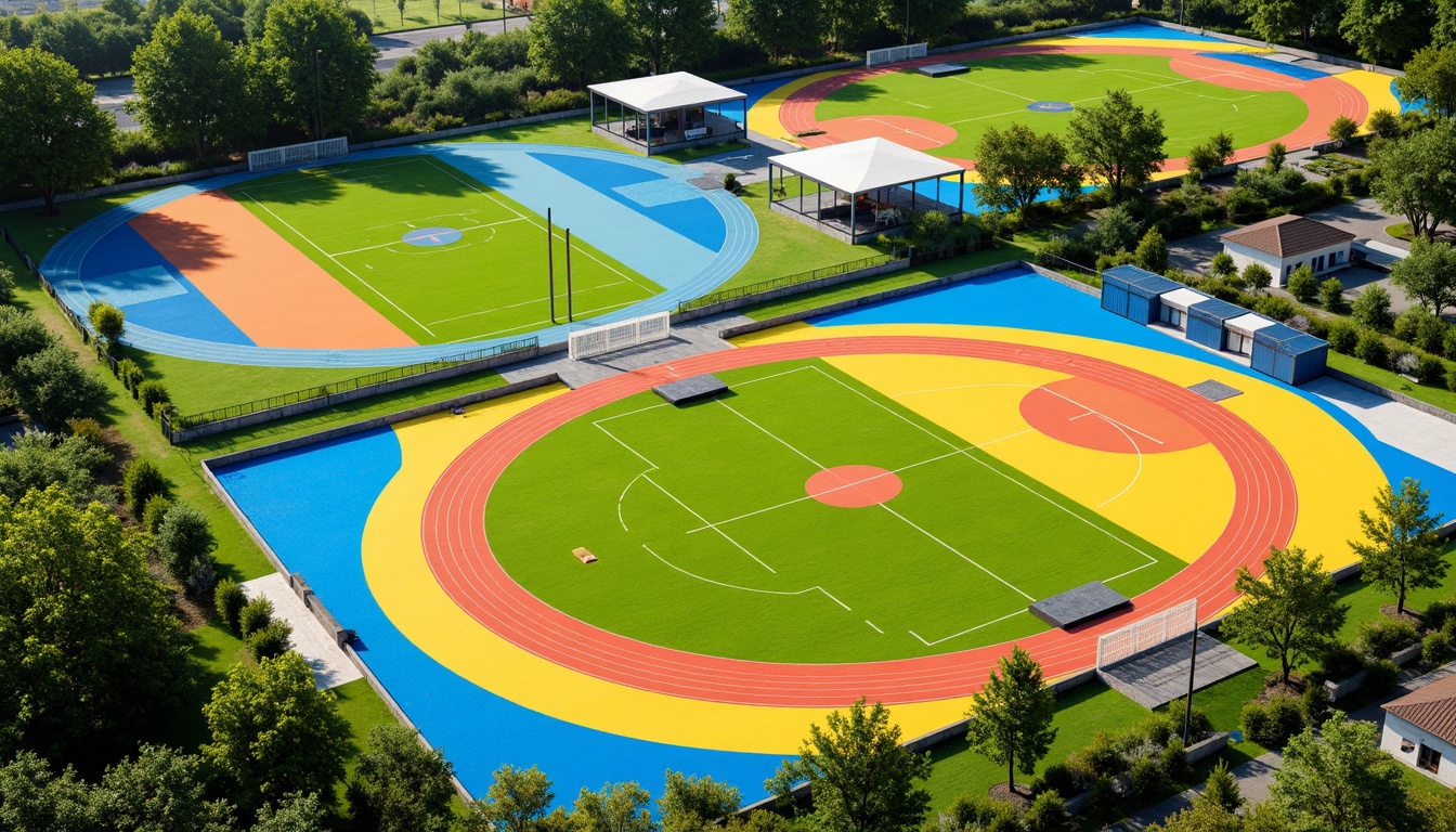 Prompt: Vibrant sports fields, eclectic color palette, bold stripes, bright yellows, deep blues, energetic oranges, lime greens, dynamic patterns, abstract shapes, modern athletic facilities, sleek track lanes, professional soccer goals, basketball courts, tennis nets, baseball diamonds, lush green grass, natural earth tones, sunny day, dramatic shadows, high-contrast lighting, shallow depth of field, 1/2 composition, realistic textures, ambient occlusion.